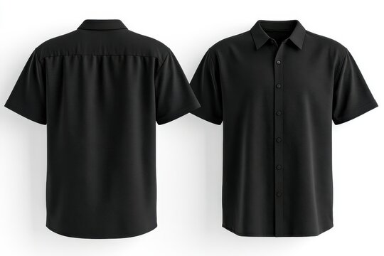 Front and back view of a black short sleeve button down shirt isolated on white background