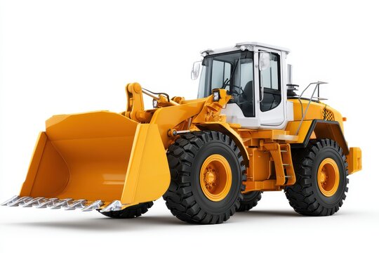 Modern yellow wheel loader construction vehicle isolated on white background