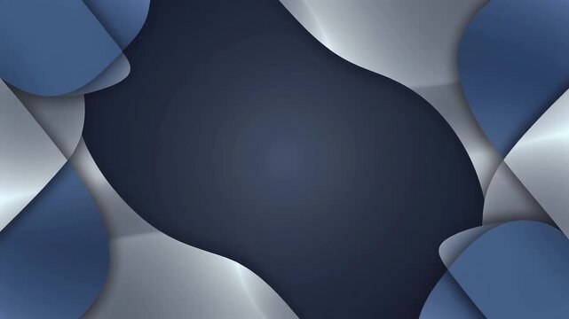 Static shot of dark navy blue and silver geometric overlapping curved panels with light gradient shifts and center copy space for corporate presentation.
