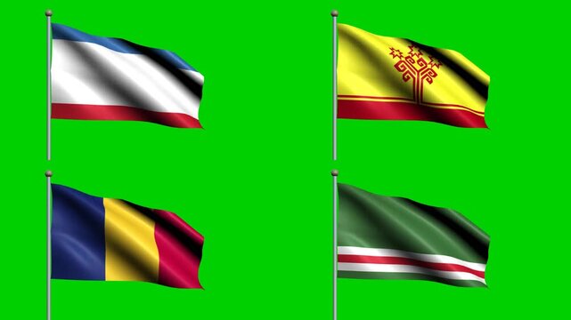 National flags wave on green screen in a diverse four-flag square layout, showing country identity, geography, culture, travel, and diplomacy for creative production, learning, and editorial use.