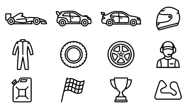 Automotive racing icons set including cars gear and safety equipment line art