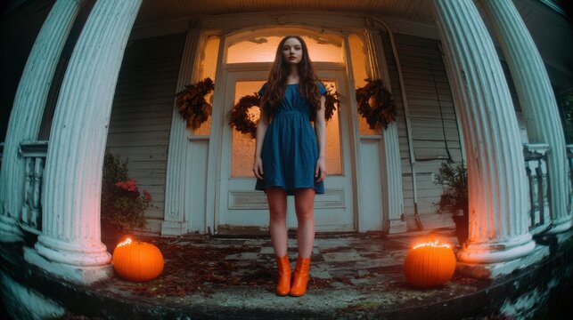 Young woman in blue dress standing on front porch between carved pumpkins and autumn leaves during Halloween evening, with woman, girl, portrait, fullbody detail