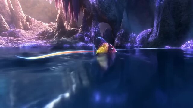 Bioluminescent fish swimming in glowing underwater cave with light trails with colored fish moving