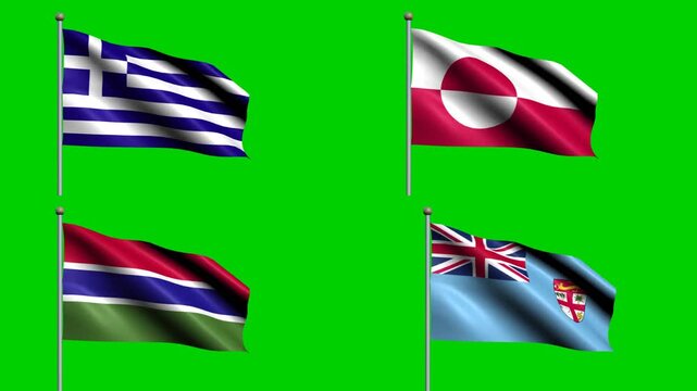 National flags ripple on green screen in an orderly four-flag world arrangement, linking country identity, geography, culture, travel, and heritage for advertising, editorial work, and education.