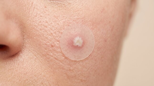Round hydrocolloid pimple patch applied on inflamed whitehead acne blemish on woman cheek