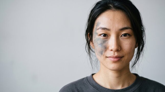 Portrait of young Asian woman with congenital nevus of Ota birthmark on cheek and temple