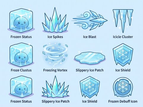 A collection of twelve cartoonish ice-themed game icons and status effects, including frozen characters, ice spikes, blasts, shields, and slippery patches, rendered in blue and white.