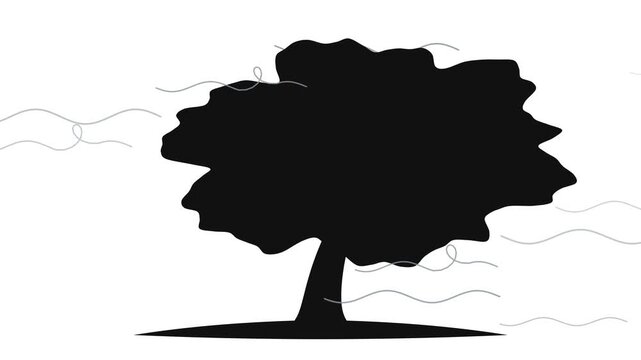 Black Tree Silhouette Swaying in Strong Wind Animation on White Background