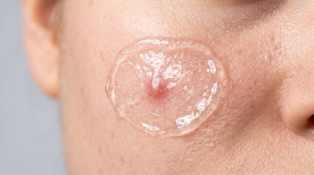 Transparent soothing gel drop applied over red inflamed acne papule on oily female skin