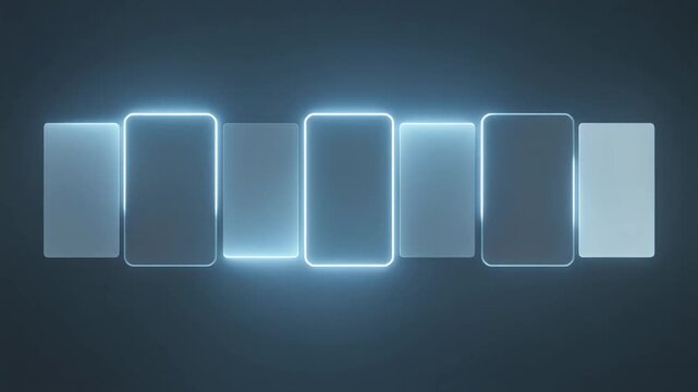 Static shot of rectangular UI panels with glowing blue light highlights for business workflow automation and software process visualization.