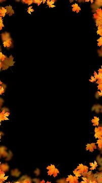 colorful autumn leaves border frame isolated alpha channel animation,blur leaf thanksgiving and Halloween celebration video stream overlay vertical social media motion design element