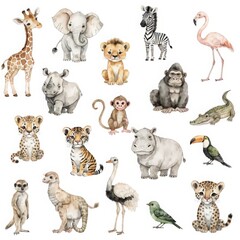 Obraz premium Cute Baby Safari Animals Illustration Set for Kids Nursery Decor and Stickers