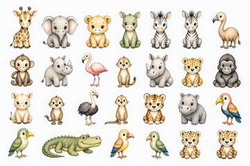 Obraz premium Watercolor Safari Animals Set Isolated on White Background for Nursery Design