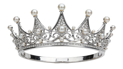 Ornate silver tiara adorned with pearls and diamonds, isolated on transparent background © Michael