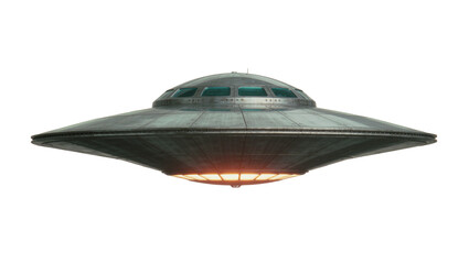 Retro metallic flying saucer with glowing orange underside, isolated on transparent background © Michael