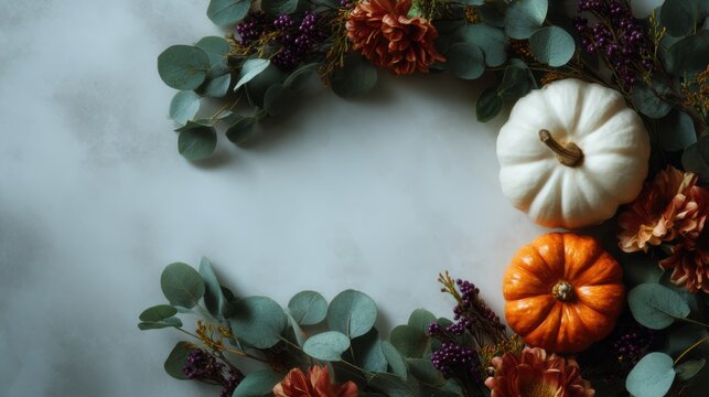 Autumn floral arrangement with small pumpkins, berries, dried flowers, and eucalyptus on textured backdrop, top view composition with warm seasonal colors and copy space