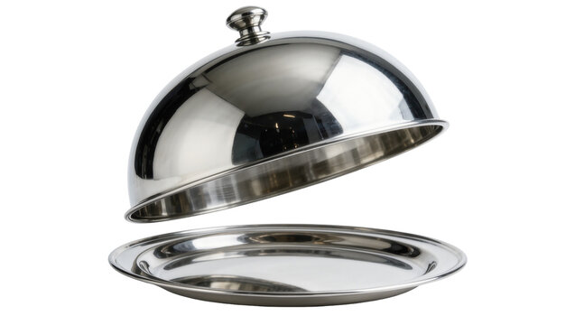 Polished silver cloche lid lifted above matching serving platter, isolated on transparent background