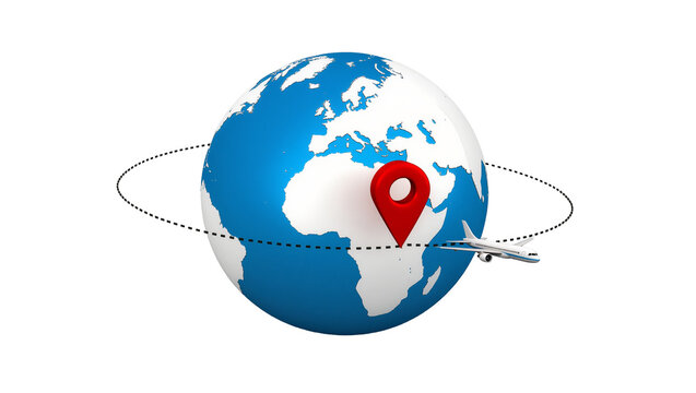 3D globe with red location pin and airplane flying on dotted path, isolated on transparent background