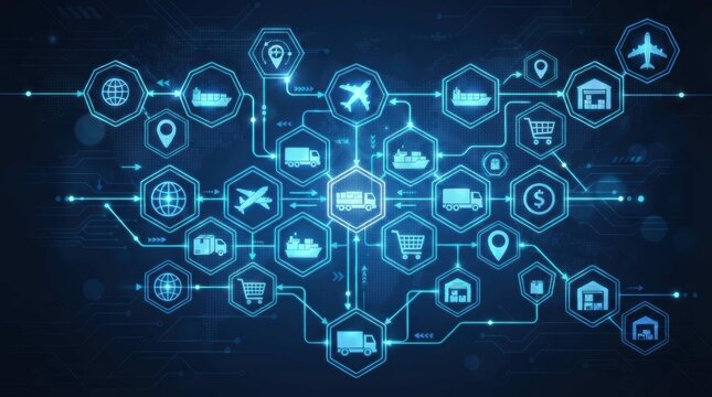 Global logistics network concept, digital supply chain management icons, futuristic transportation and shipping technology background