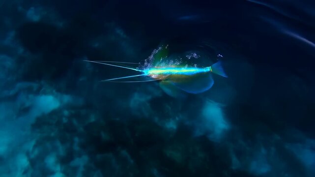 Bioluminescent fish swimming in deep ocean waters at night with underwater terrain faint