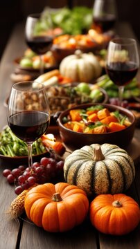 Roasted turkey centerpiece on autumn harvest dinner table with wine glass and seasonal sides, with turkey, roasted, platter, garnish detail, showing herb, squash, pumpkin, autumn context