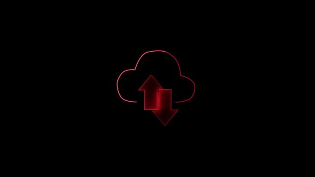 Red neon cloud data sync animation for cloud computing and network connectivity upload download