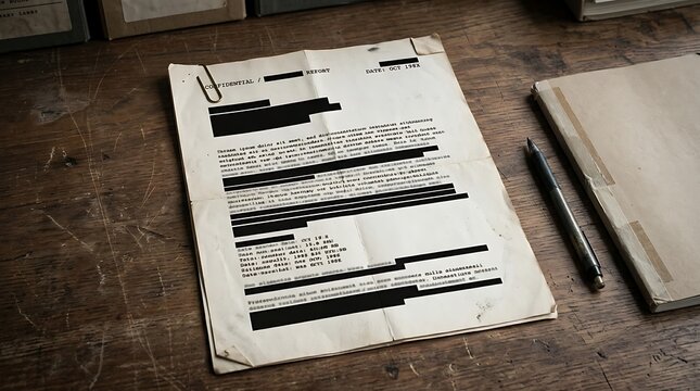 Confidential document with blacked out redacted text on rustic wooden desk