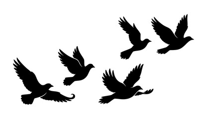 Fototapeta premium Silhouette of a flock of pigeons in flight against a plain white background