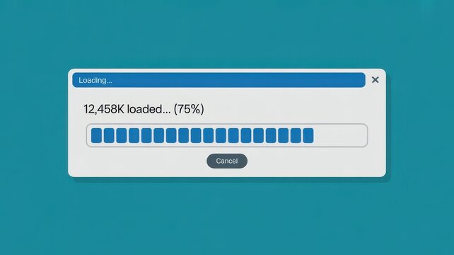 Digital loading progress bar dialog box showing seventy five percent completion