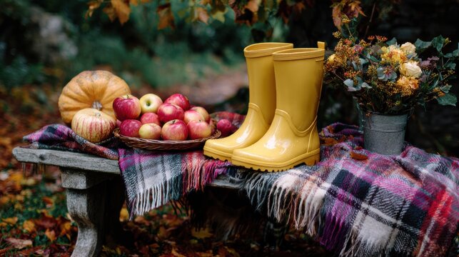Yellow rain boots on rustic wooden bench with apples and knitted blanket in autumn orchard, with boot, yellow, rainboot, bench detail, showing wooden, blanket, knitted, apple context