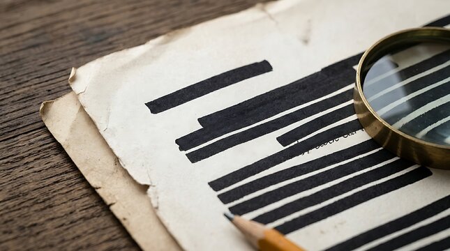 Magnifying glass over redacted document with black marker lines on paper