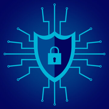 Cybersecurity shield and padlock vector illustration with circuit board lines for data protection and privacy concept