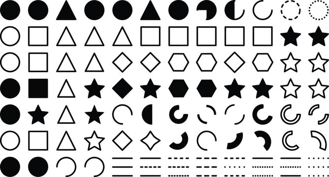 Set of geometric shapes and line patterns for abstract graphic design and layout elements with geometric