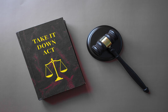 Take It Down Act dark law book with judge gavel on gray background, online content regulation legal concept