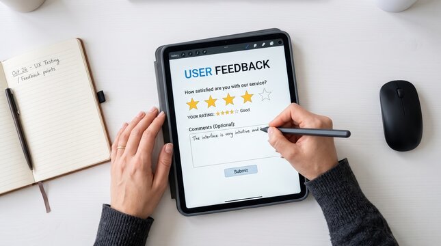 Top view of hands writing comments on a tablet displaying a five-star user feedback survey form, illustrating customer satisfaction review and service evaluation process in a
