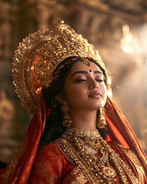 Stunning indian goddess portrait with ornate golden crown, red sari, and rich traditional jewelry