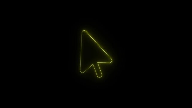 Neon cursor arrow glowing yellow icon floating on black background digital interface element for tech motion graphics clip.