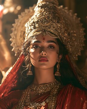 Majestic portrait of an indian woman in goddess attire with golden headpiece and red garments