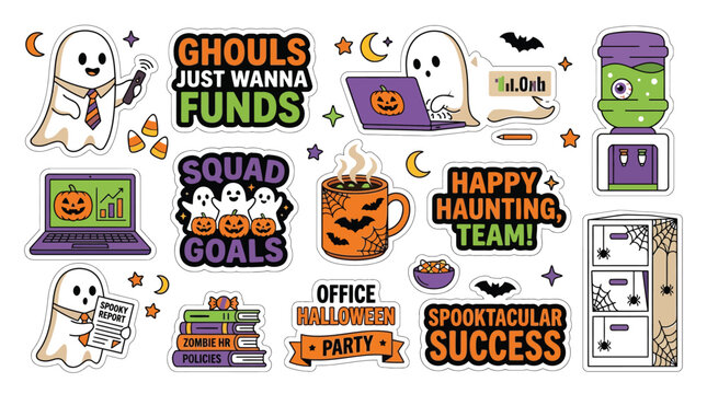 Cute vector sticker set featuring adorable corporate ghosts celebrating office halloween party events digitally