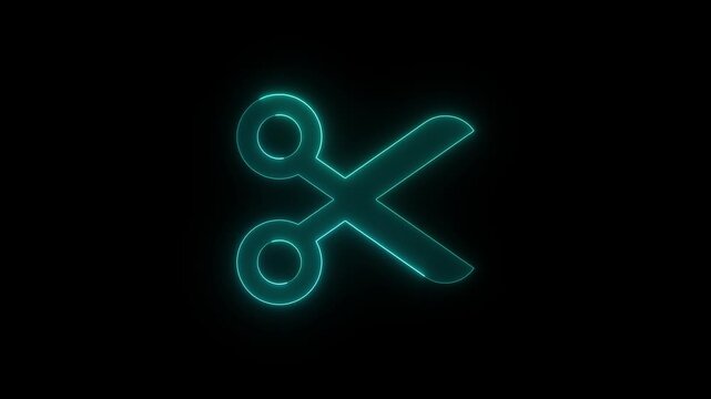 Neon scissors icon with a glowing light moving around its edges on black background animated motion graphic video.