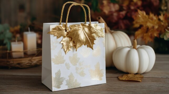 Paper shopping bag with golden maple leaves and small pumpkins on rustic wood surface, warm autumn display for seasonal gift or sale concept with copy space, with autumn, fall, shopping, bag detail