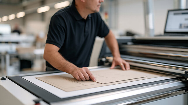 Brazilian finishing specialist operating a digital die cutter processing intricate custom packaging nets, corrugated board feeding through the plotter, prototype packaging