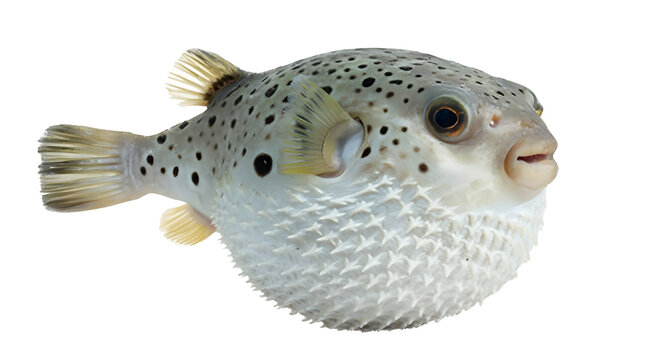 Spotted pufferfish isolated on white background, inflated defensive pose, marine life photo, biological animal species, underwater aquatic creature