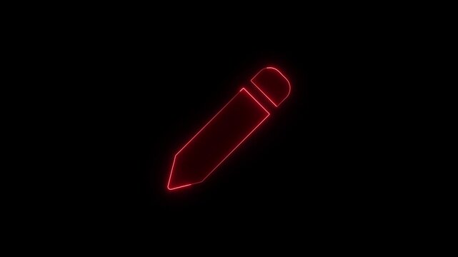 Minimalist red neon pencil icon glowing softly in dark digital space for writing concept animation footage element.