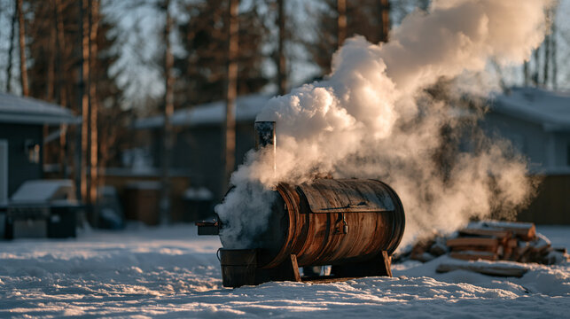Smoke billowing sideways from a barrel smoker in a frost-covered backyard, low winter sun casting long shadows across the snow, cold season smoked meat cooking, outdoor pit master