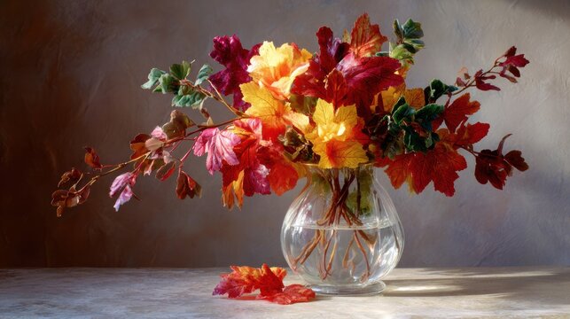 Glass compote filled with autumn leaves and small flowers on wooden table against warm brown backdrop, soft side light revealing translucent bowl, curled edges, rich seasonal colors and elegant decor