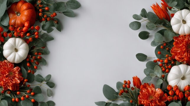 Autumn floral arrangement with small pumpkins, berries, dried flowers, and eucalyptus on textured backdrop, top view composition with warm seasonal colors and copy space