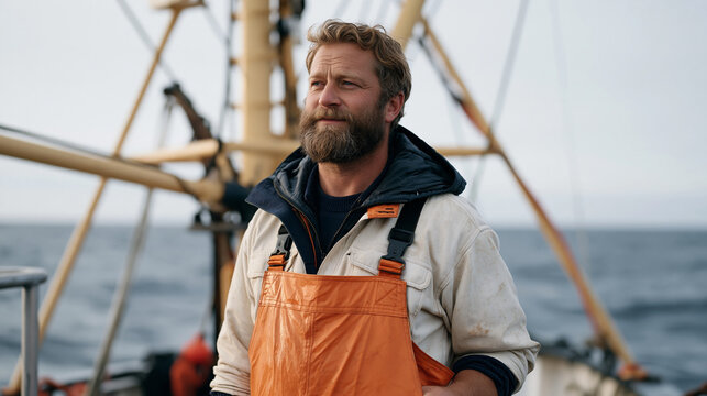 Tall bearded Norwegian fisherman on a boat deck pressing a fist against his lower back as he straightens up from hauling nets, overcast sea behind him, occupational lumbar strain,