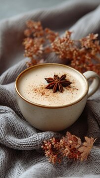 Close-up creamy chai latte with star anise and cinnamon on cozy fabric in autumn setting, with chai, latte, coffee, cup detail, showing foam, star, anise, cinnamon context
