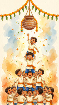 Children celebrating dahi handi by forming a human pyramid to break a pot with children